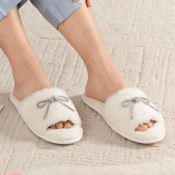 Women's Fuzzy Rhinestone Bow knot Open Toe White Slides Slippers Shoes - Picture 7 of 8